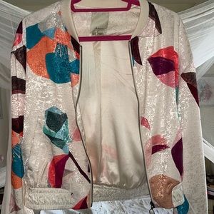 Anthropologie bomber jacket Asian watercolor print